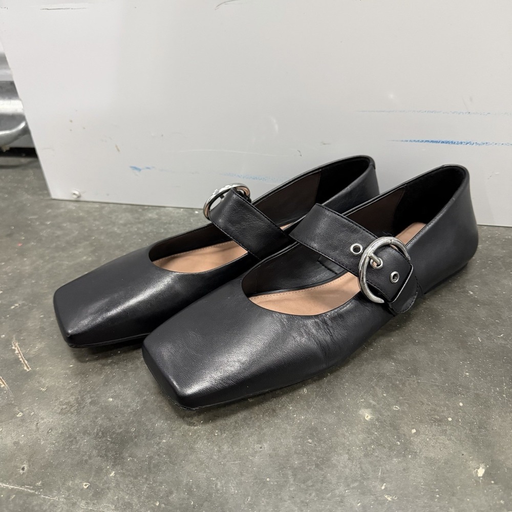 Anthropologie Square Toe Mary Jane Ballet Flat Black Leather Woman's Size 41
